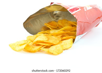 Potato Chips In Bag Open On White Background, Barbecue, BBQ 