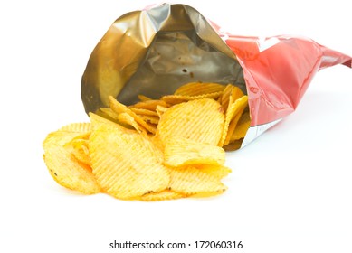 Potato Chips In Bag Open On White Background, Barbecue, BBQ 