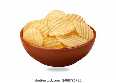 Potato chips in a bowl isolated on white background, food blog, snacks