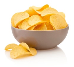 Potato Chips In Brown Bowl Isolated On A White Background