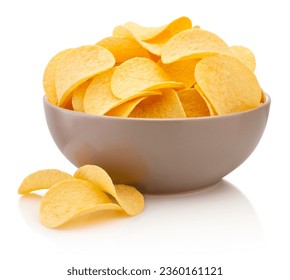 Potato chips in brown bowl isolated on a white background