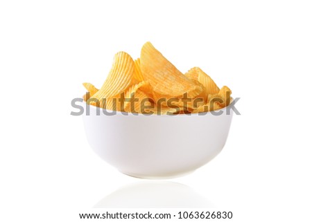 Potato chips, crisps in the bowl in the white background, isolated