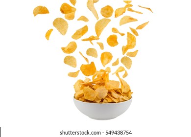 Potato Chips, Crisps coming to bowl on a white background