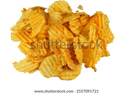 Potato chips crisps, thin slice of potato, thin deposit of potato paste that has been deep fried, baked, or air fried until crunchy, chips are cooked and salted and different flavors added to it