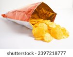 Potato chips, delicious BBQ seasoning spicy for crips, thin slice deep fried snack fast food in open bag.