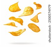 Potato chips falling, golden deep fried chips, isolated on white background.
