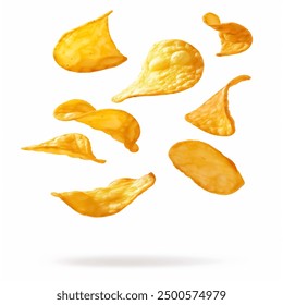 Potato chips falling, golden deep fried chips, isolated on white background.
