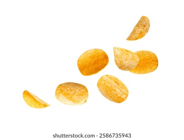 Potato chips falling isolated. Crispy thin flying potato snack, fast food snacks with spices, paprika powder on white background
