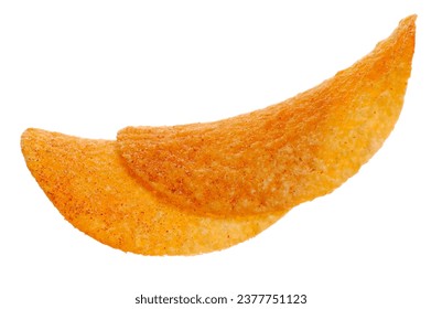 Potato chips group with flavored hot and spicy flying isolated on white, top view, clipping path - Shutterstock ID 2377751123