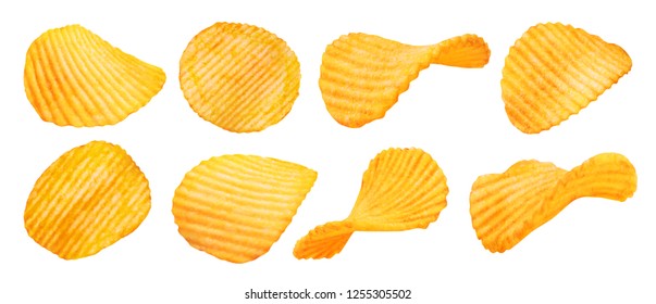 Potato chips isolated on white background. Collection. - Shutterstock ID 1255305502