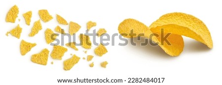 Potato chips isolated on white background with  full depth of field. Top view. Flat lay.
