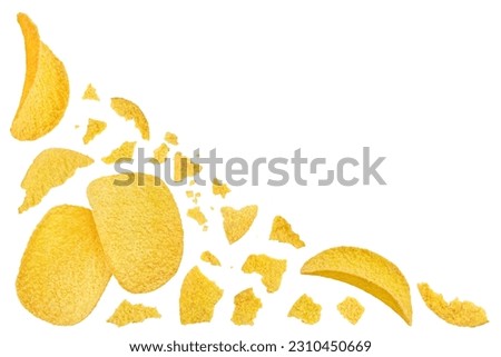 Potato chips isolated on white background with full depth of field. Top view. Flat lay.