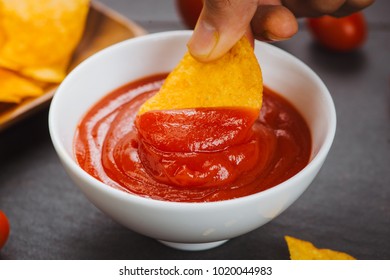 Potato Chips And Ketchup. Beer Snack, Unhealthy Eating