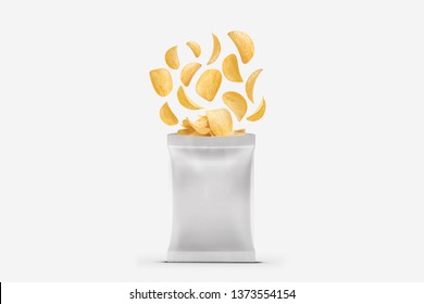 Potato Chips and pack. Packaging of Chip on white background. Chips flying out from bag isolated on white background.