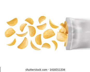 Potato Chips And Pack. Packaging Of Chip On White Background. Chips Flying Out From Bag Isolated On White Background.