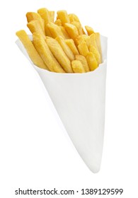 Potato Chips And Paper Cone Isolated Against White Background