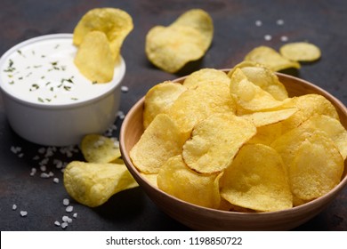 Potato Chips With Sauce Dip And Salt