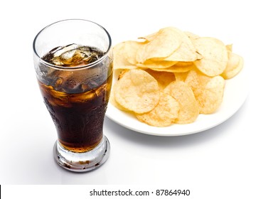 Potato Chips With Soda On White Background