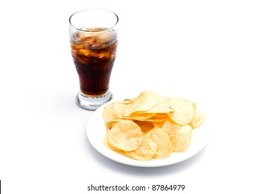 Potato Chips With Soda On White Background