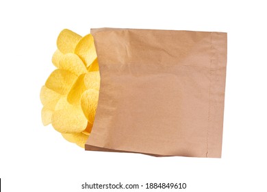 Potato Chips Spill Out Of The Large Package  Isolated On White Background With Clipping Path. Packaging Of Crispy Potato Chips On White Background. Bag Or Packet Potato Chips.