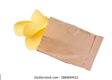 Potato Chips Spill Out Of The Small Package  Isolated On White Background With Clipping Path. Packaging Of Crispy Potato Chips On White Background.Bag Or Packet Potato Chips.