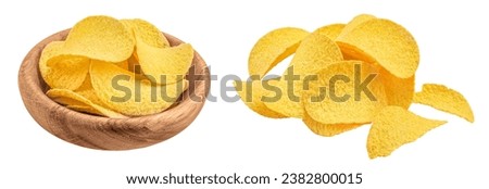 Potato chips in wooden bowl isolated on white background with  full depth of field.