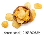 Potato chips in a wooden plate and scattered close-up on a white background. Top view