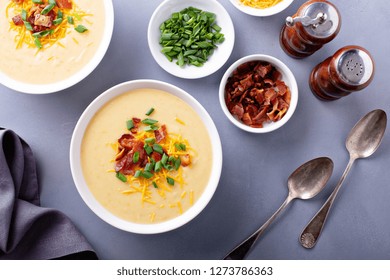 Potato Cream Soup With Bacon, Green Onion And Cheese Overhead