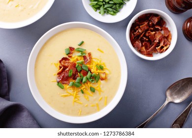 Potato Cream Soup With Bacon, Green Onion And Cheese Overhead