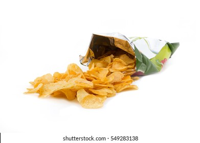 Potato Crisp Packet Opened With Crisps Spilling Out