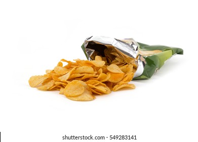 Potato crisp packet opened with crisps spilling out - Shutterstock ID 549283141