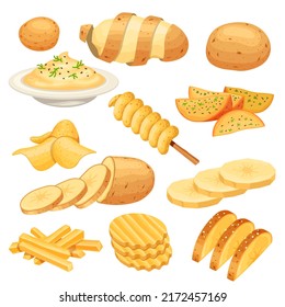 Potato dish, meal, garnish, street food and snack. French fries, rustic and mash potatoes, chips. Cartoon sliced potato product  set. Fast food for lunch or dinner, vegetarian meal - Shutterstock ID 2172457169