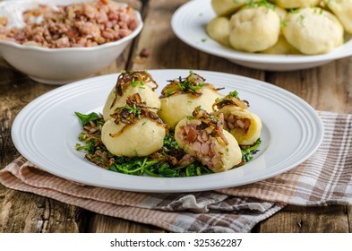 Potato dumplings stuffed with smoked meat, czech original meal, very unhealthy, but delicious