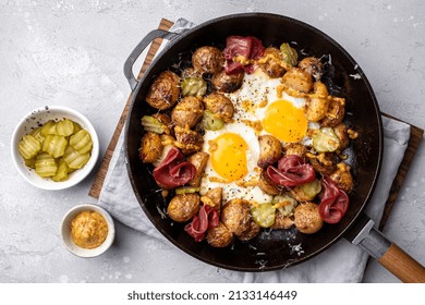 Potato Hash Brown With Fried Eggs And Meat Pastrami For Breakfast Branch