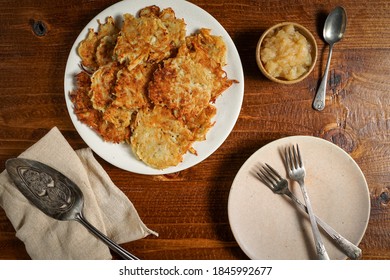 Potato Latkes On A Plate With Applesauce