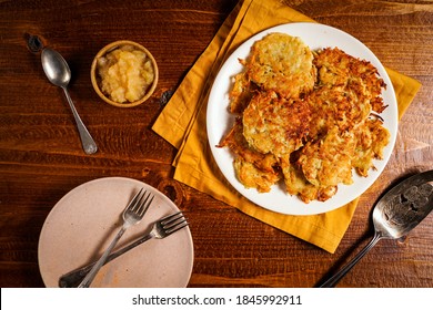 Potato Latkes On A Plate With Applesauce