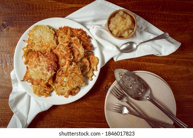 Potato Latkes On A Plate With Applesauce