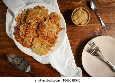 Potato Latkes On A Plate With Applesauce