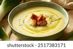 Potato Leek Soup: Silky and creamy potato and leek soup with a touch of cream, offering a comforting and savory bowl of warmth that’s perfect for a chilly day.

