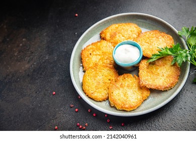 Potato Pancake Draniki Vegetable Hash Brown Veggie Fritters Vegetarian Pancakes Fresh Food Meal Snack On The Table Copy Space Food Background 