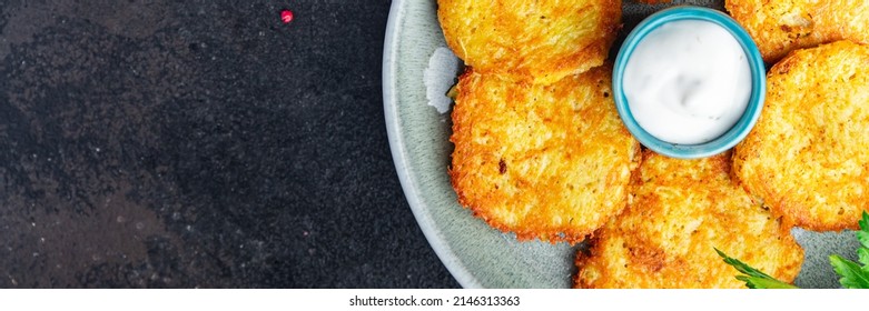 Potato Pancake Draniki Vegetable Hash Brown Veggie Fritters Vegetarian Pancakes Fresh Food Meal Snack On The Table Copy Space Food Background 