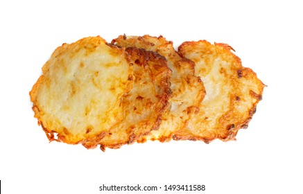 Potato Pancakes, Draniki, Deruny, Potato Latkes, Latkas, Irish Cakes, Raggmunk Or Boxties Isolated On White Background. Fried Grated Potato Pancakes Or Potato Fritter With Onion And Seasoning