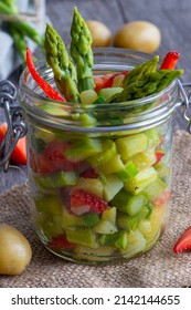 Potato Salad With Green Asparagus And Strawberries, Portion Size In Glass