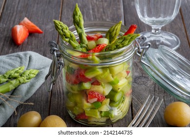 Potato Salad With Green Asparagus And Strawberries, Portion Size In Glass