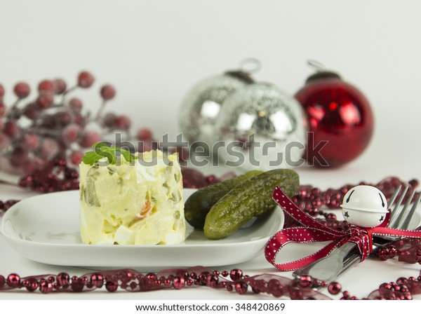 Potato Salad On Christmas Table Red Stock Photo Edit Now 348420869