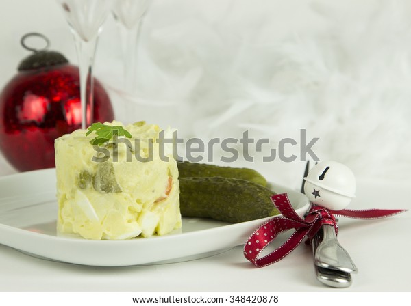 Potato Salad On Christmas Table Decoration Stock Photo Edit Now