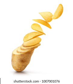 Potato slices turning into chips isolated on white background