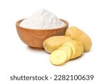 Potato starch with fresh potato isolated on white background. Clipping path.