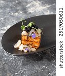 potato and sweet potato canapes, served with black caviar and halibut, fine dining, restaurant