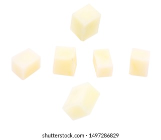 Potatoes cut into cubes (dices). Isolated on white background